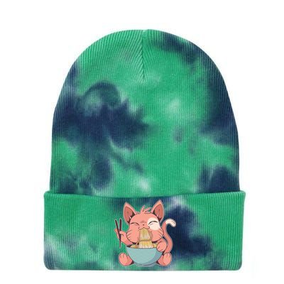 Cute Anime Cat Eating Ramen Japanese Kawaii Style Tie Dye 12in Knit Beanie