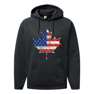 Combined American Canadian Flag USA Canada Maple Leaf Performance Fleece Hoodie