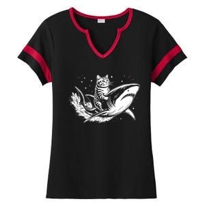 Cute Anime Cat Riding Shark Lover Kawaii Kitten Lover Ladies Halftime Notch Neck Tee