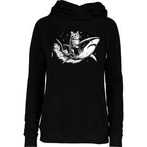 Cute Anime Cat Riding Shark Lover Kawaii Kitten Lover Womens Funnel Neck Pullover Hood