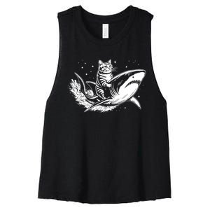 Cute Anime Cat Riding Shark Lover Kawaii Kitten Lover Women's Racerback Cropped Tank