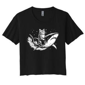 Cute Anime Cat Riding Shark Lover Kawaii Kitten Lover Women's Crop Top Tee