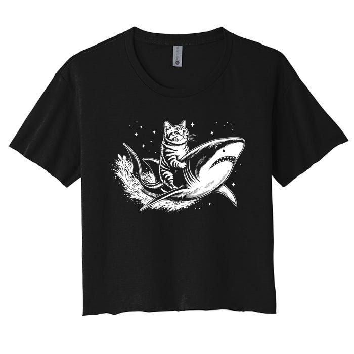 Cute Anime Cat Riding Shark Lover Kawaii Kitten Lover Women's Crop Top Tee