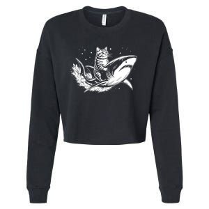 Cute Anime Cat Riding Shark Lover Kawaii Kitten Lover Cropped Pullover Crew