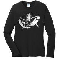 Cute Anime Cat Riding Shark Lover Kawaii Kitten Lover Ladies Long Sleeve Shirt