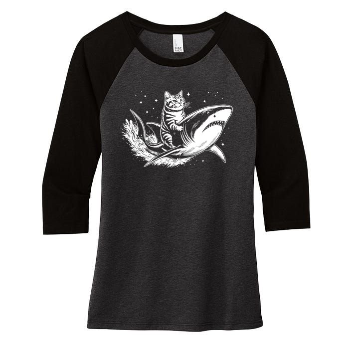 Cute Anime Cat Riding Shark Lover Kawaii Kitten Lover Women's Tri-Blend 3/4-Sleeve Raglan Shirt