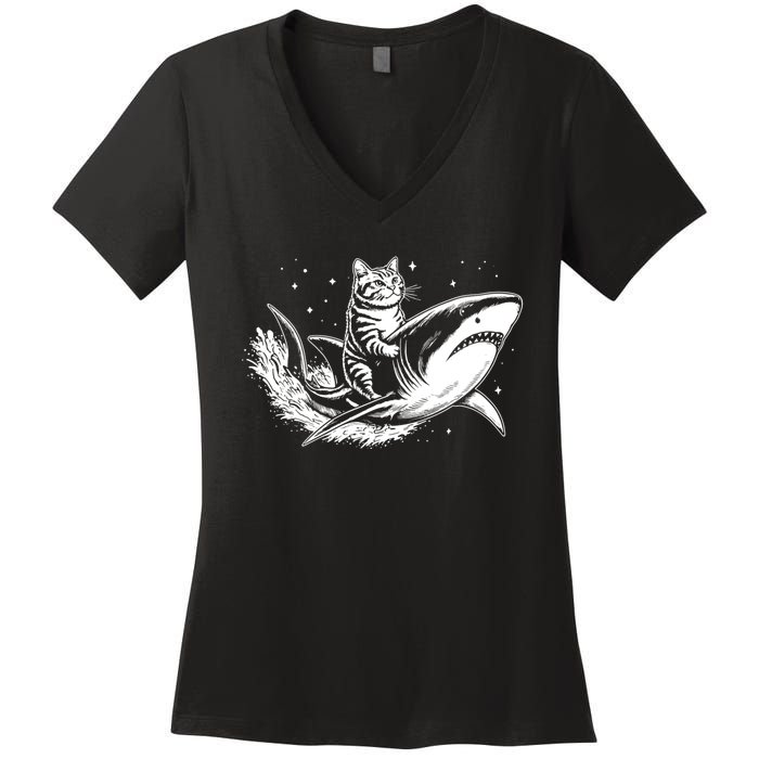 Cute Anime Cat Riding Shark Lover Kawaii Kitten Lover Women's V-Neck T-Shirt