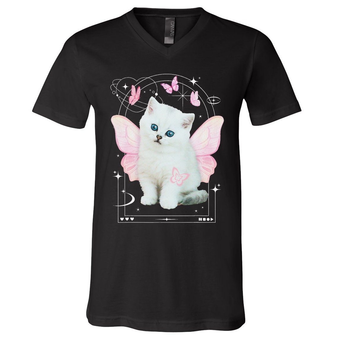 Cute Aesthetic Cat Butterfly Fairy Cyber 2000s V-Neck T-Shirt