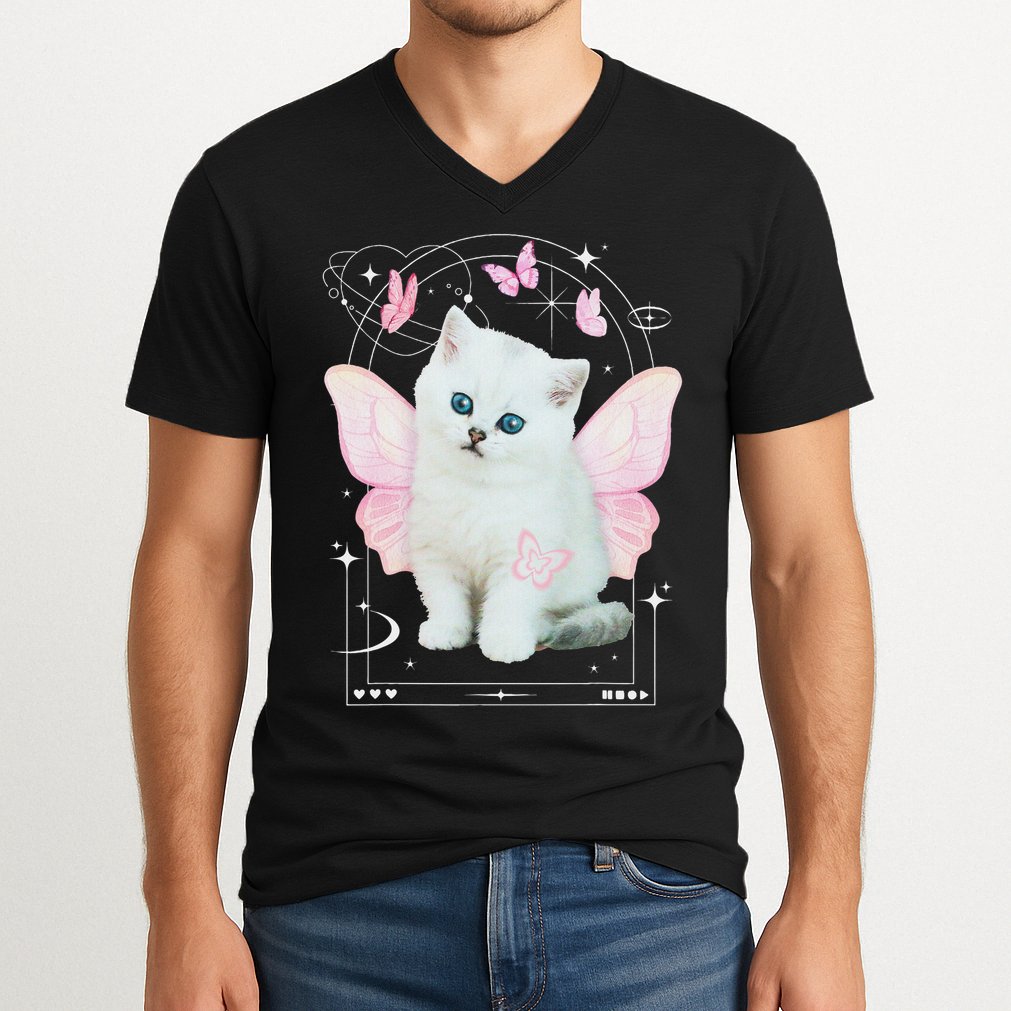 Cute Aesthetic Cat Butterfly Fairy Cyber 2000s V-Neck T-Shirt