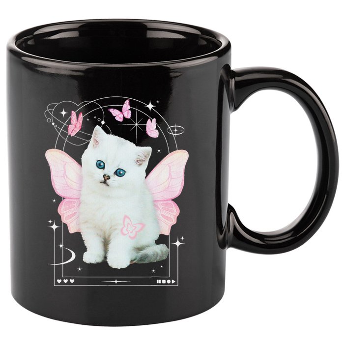 Cute Aesthetic Cat Butterfly Fairy Cyber 2000s 11oz C Handle Ceramic Mug