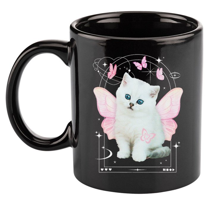 Cute Aesthetic Cat Butterfly Fairy Cyber 2000s 11oz C Handle Ceramic Mug