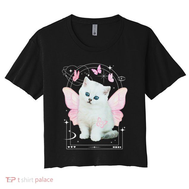 Cute Aesthetic Cat Butterfly Fairy Cyber 2000s Crop Top