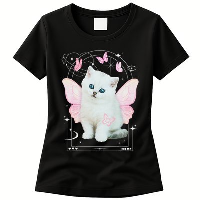 Cute Aesthetic Cat Butterfly Fairy Cyber 2000s Womens T-Shirt