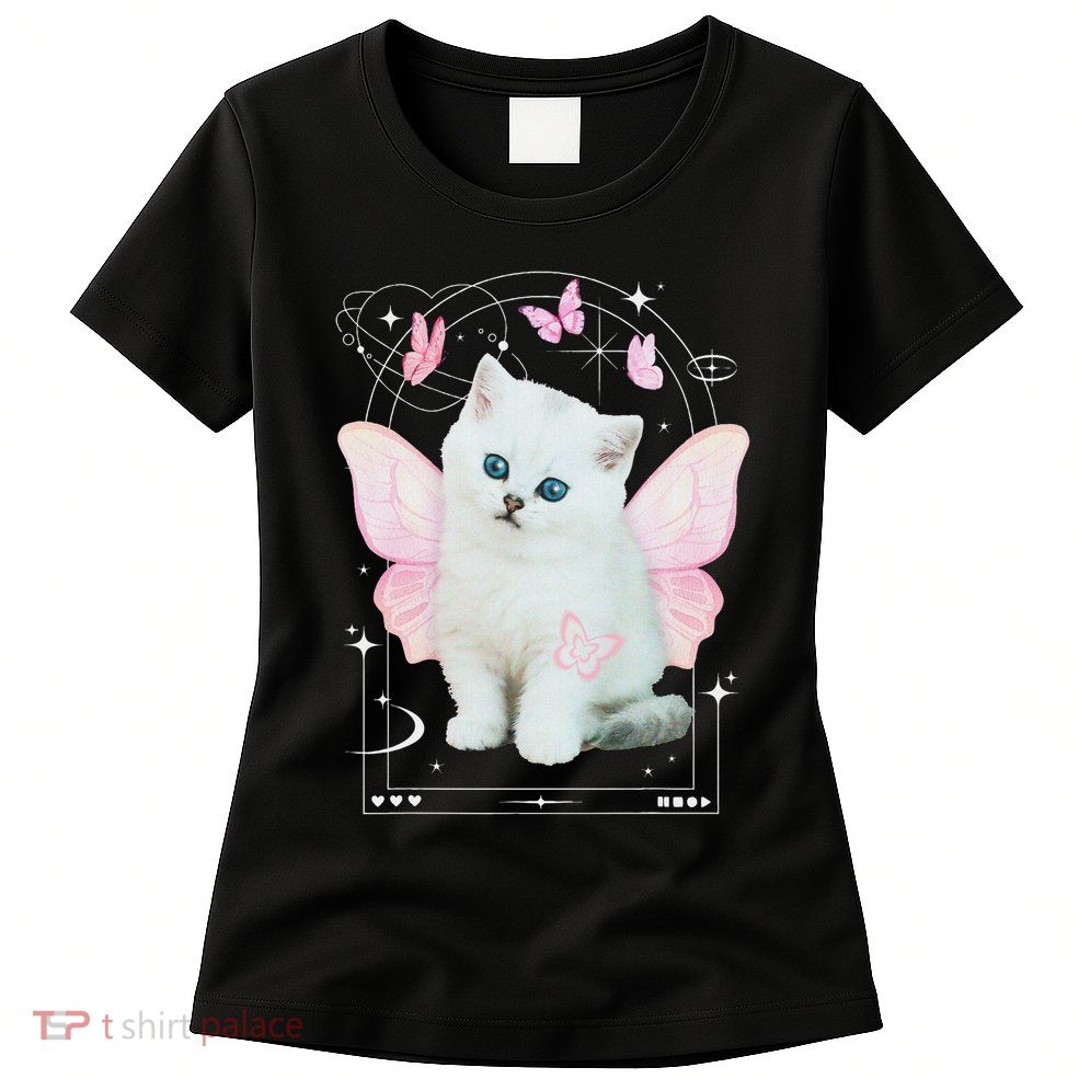 Cute Aesthetic Cat Butterfly Fairy Cyber 2000s Womens T-Shirt