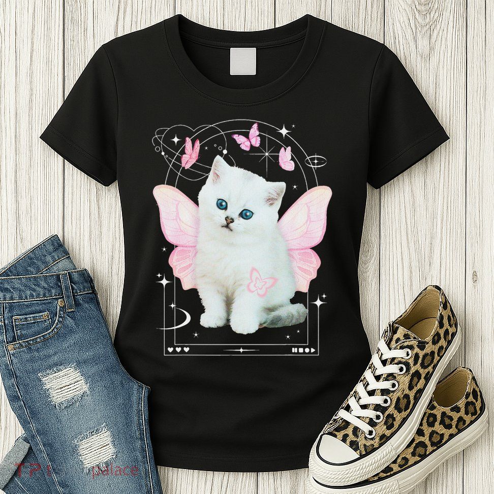 Cute Aesthetic Cat Butterfly Fairy Cyber 2000s Womens T-Shirt