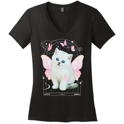 Cute Aesthetic Cat Butterfly Fairy Cyber 2000s Women's V-Neck T-Shirt