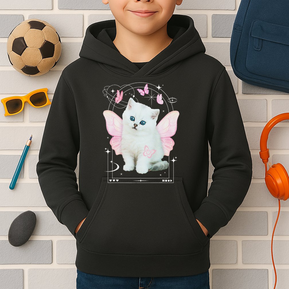 Cute Aesthetic Cat Butterfly Fairy Cyber 2000s Kids Hoodie