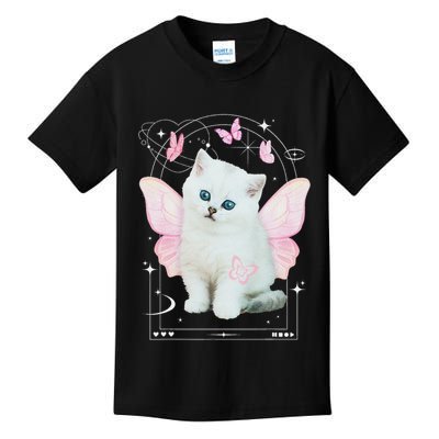 Cute Aesthetic Cat Butterfly Fairy Cyber 2000s Kids T-Shirt