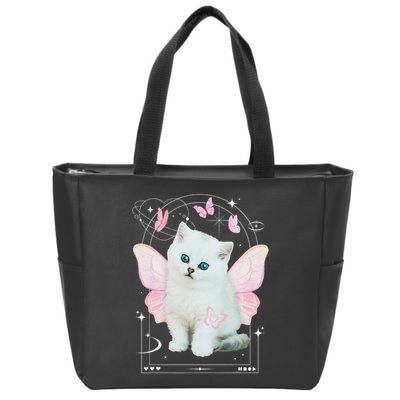 Cute Aesthetic Cat Butterfly Fairy Cyber 2000s Zip Tote Bag