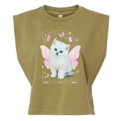 Cute Aesthetic Cat Butterfly Fairy Cyber 2000s Garment-Dyed Women's Muscle Tee