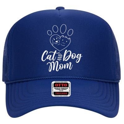 Cat And Dog Mom Dogs Cats Lover Mother Mommy Mama Mothers High Crown Mesh Back Trucker Hat