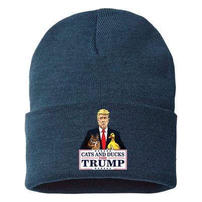 Cats And Ducks For Trump 2024 Kittens And Ducks For Trump Sustainable Knit Beanie