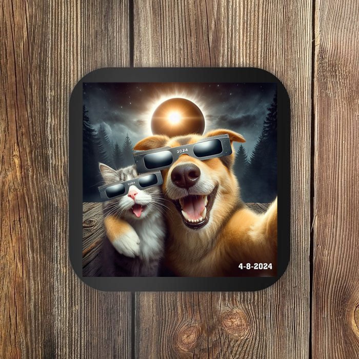 Cat And Dog Selfie With Solar 2024 Eclipse Wearing Glasses Coaster