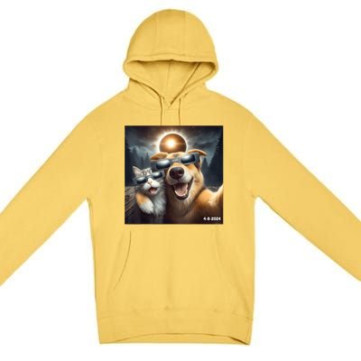 Cat And Dog Selfie With Solar 2024 Eclipse Wearing Glasses Premium Pullover Hoodie