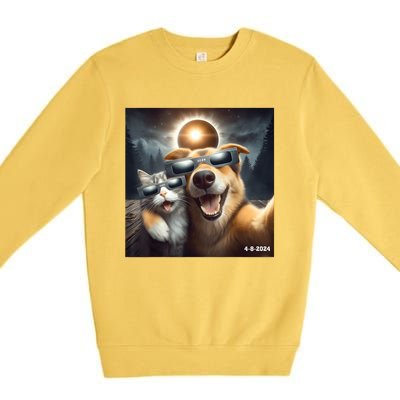 Cat And Dog Selfie With Solar 2024 Eclipse Wearing Glasses Premium Crewneck Sweatshirt