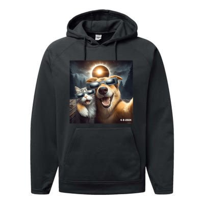 Cat And Dog Selfie With Solar 2024 Eclipse Wearing Glasses Performance Fleece Hoodie