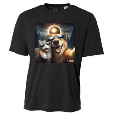 Cat And Dog Selfie With Solar 2024 Eclipse Wearing Glasses Cooling Performance Crew T-Shirt