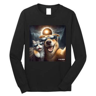 Cat And Dog Selfie With Solar 2024 Eclipse Wearing Glasses Long Sleeve Shirt