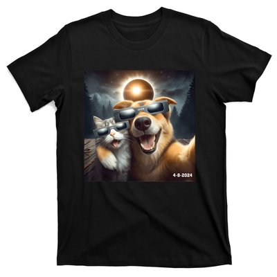 Cat And Dog Selfie With Solar 2024 Eclipse Wearing Glasses T-Shirt