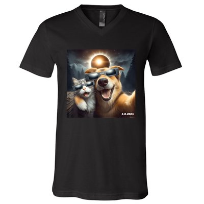 Cat And Dog Selfie With Solar 2024 Eclipse Wearing Glasses V-Neck T-Shirt