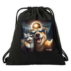 Cat And Dog Selfie With Solar 2024 Eclipse Wearing Glasses Drawstring Bag