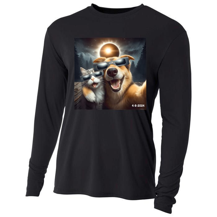 Cat And Dog Selfie With Solar 2024 Eclipse Wearing Glasses Cooling Performance Long Sleeve Crew