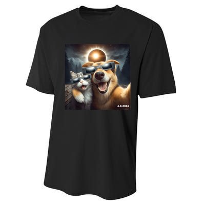 Cat And Dog Selfie With Solar 2024 Eclipse Wearing Glasses Performance Sprint T-Shirt