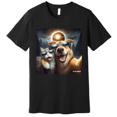 Cat And Dog Selfie With Solar 2024 Eclipse Wearing Glasses Premium T-Shirt