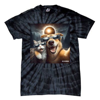 Cat And Dog Selfie With Solar 2024 Eclipse Wearing Glasses Tie-Dye T-Shirt