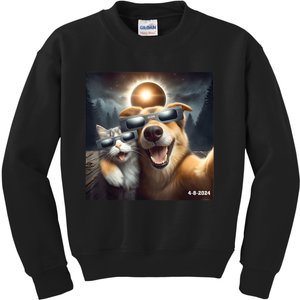 Cat And Dog Selfie With Solar 2024 Eclipse Wearing Glasses Kids Sweatshirt