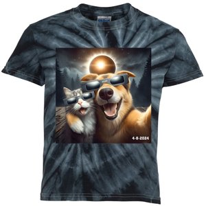 Cat And Dog Selfie With Solar 2024 Eclipse Wearing Glasses Kids Tie-Dye T-Shirt