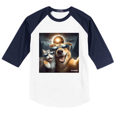 Cat And Dog Selfie With Solar 2024 Eclipse Wearing Glasses Baseball Sleeve Shirt