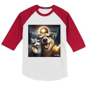 Cat And Dog Selfie With Solar 2024 Eclipse Wearing Glasses Kids Colorblock Raglan Jersey