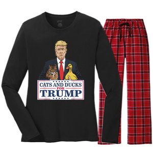 Cats And Ducks For Trump 2024 Kittens And Ducks For Trump Women's Long Sleeve Flannel Pajama Set 