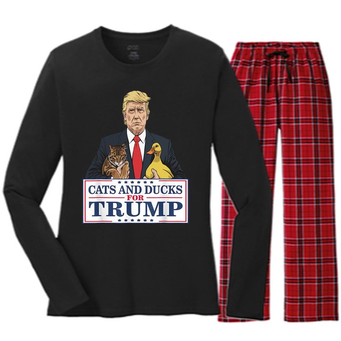 Cats And Ducks For Trump 2024 Kittens And Ducks For Trump Women's Long Sleeve Flannel Pajama Set 