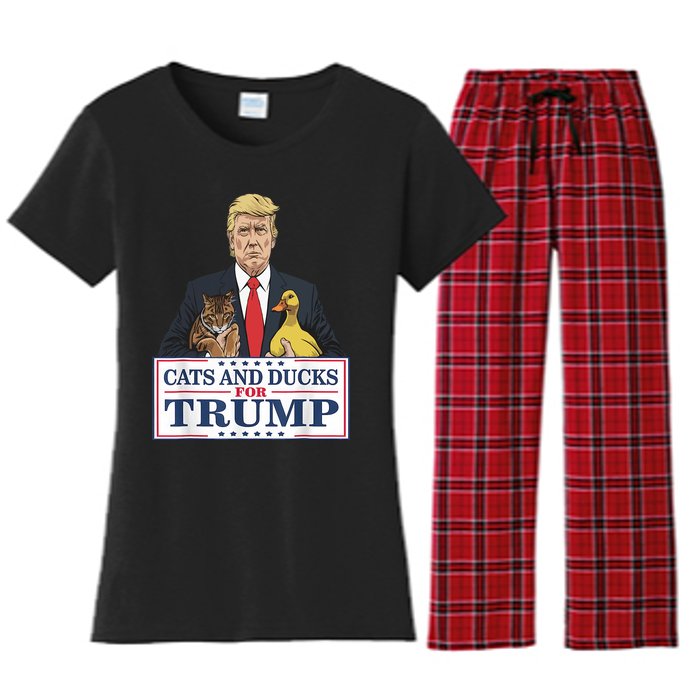 Cats And Ducks For Trump 2024 Kittens And Ducks For Trump Women's Flannel Pajama Set