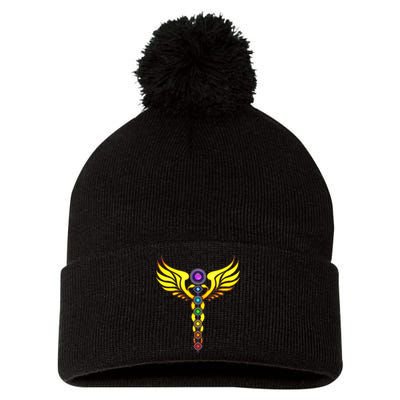 Caduceus With 7 Chakras Pom Pom 12in Knit Beanie