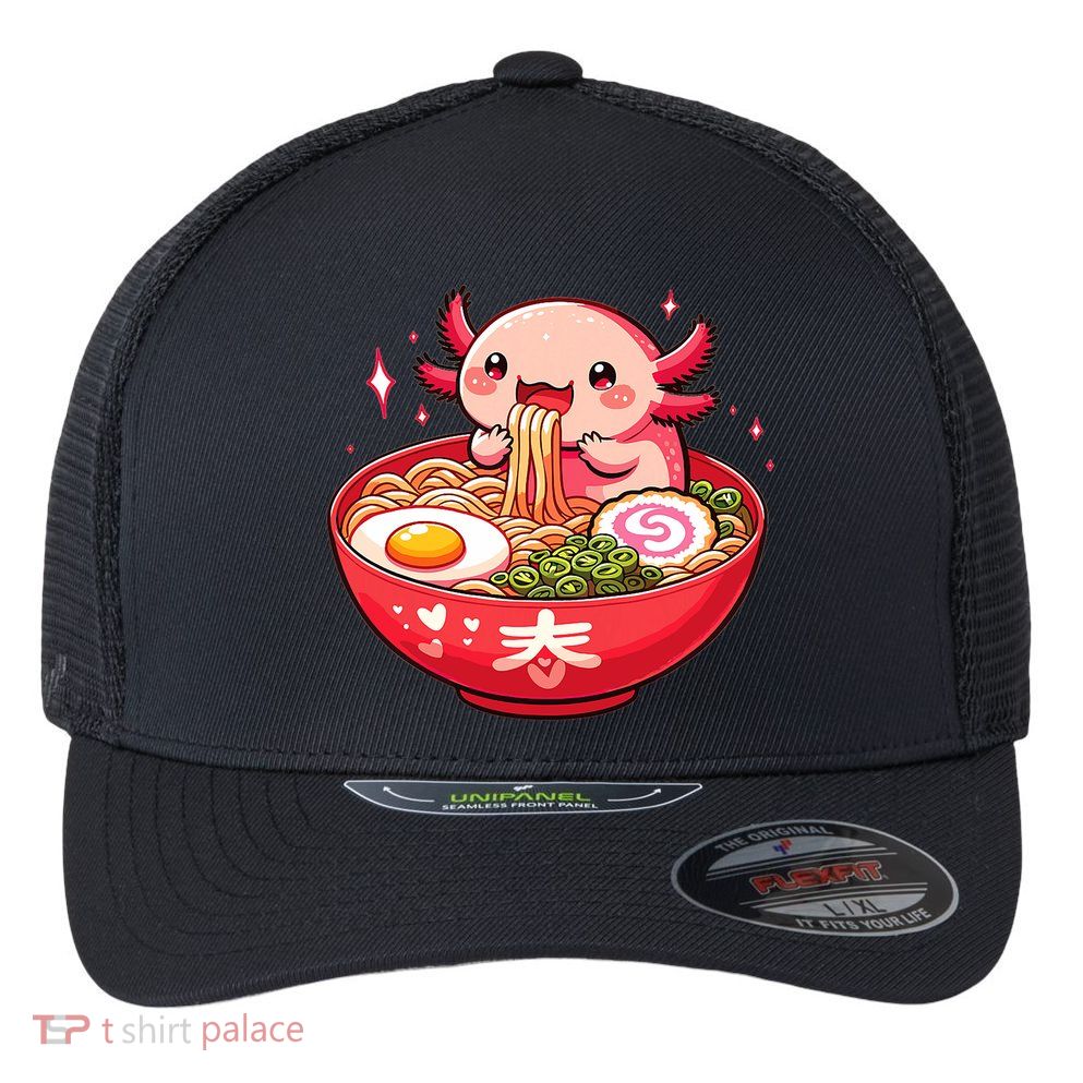 Cute Axolotl Eats Ramen Noodles Axolotls Ramen Flexfit Unipanel Trucker Cap