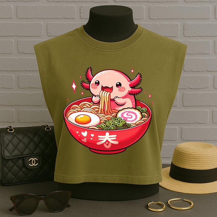 Cute Axolotl Eats Ramen Noodles Axolotls Ramen Garment-Dyed Women's Muscle Tee