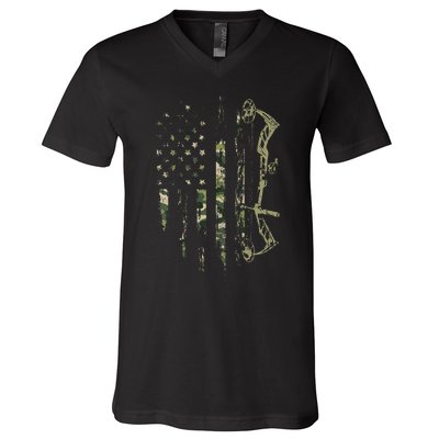 Camo American Flag Bowhunting Bow Archery Deer Hunting Gift  V-Neck T-Shirt